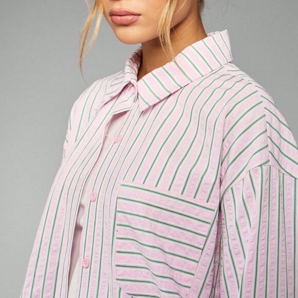 Pink Casual Women's Striped Loungewear Button down top & shorts Coord set - Picture 3 of 6